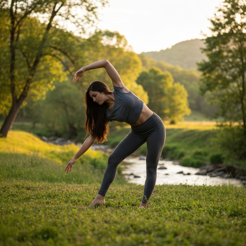 Особа која се протеже или вежба јогу у мирној природи