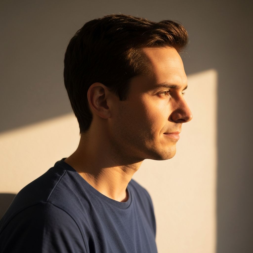 Мушкарац у задумливој позиции са топлим странским светлом